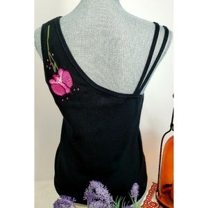 Cache Tops - Cache Blk One-shoulder Silk Floral Sleeveless Top Cache Tops - Cache Blk One-shoulder Silk Floral Sleeveless Top
